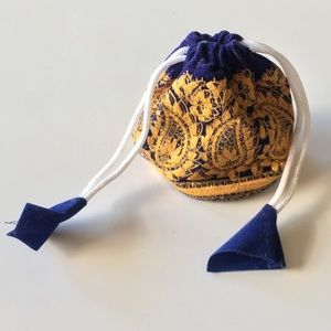 Blue velvet painted drawstring small pouch-Indian